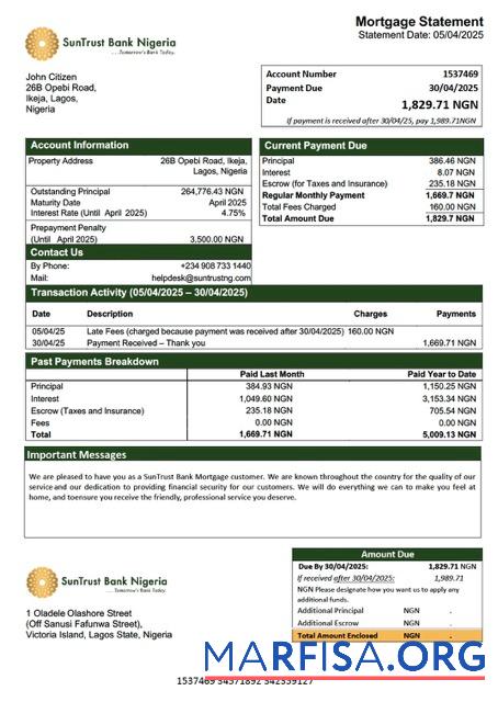 Realistic Nigeria SunTrust Bank mortgage statement Word and PDF template